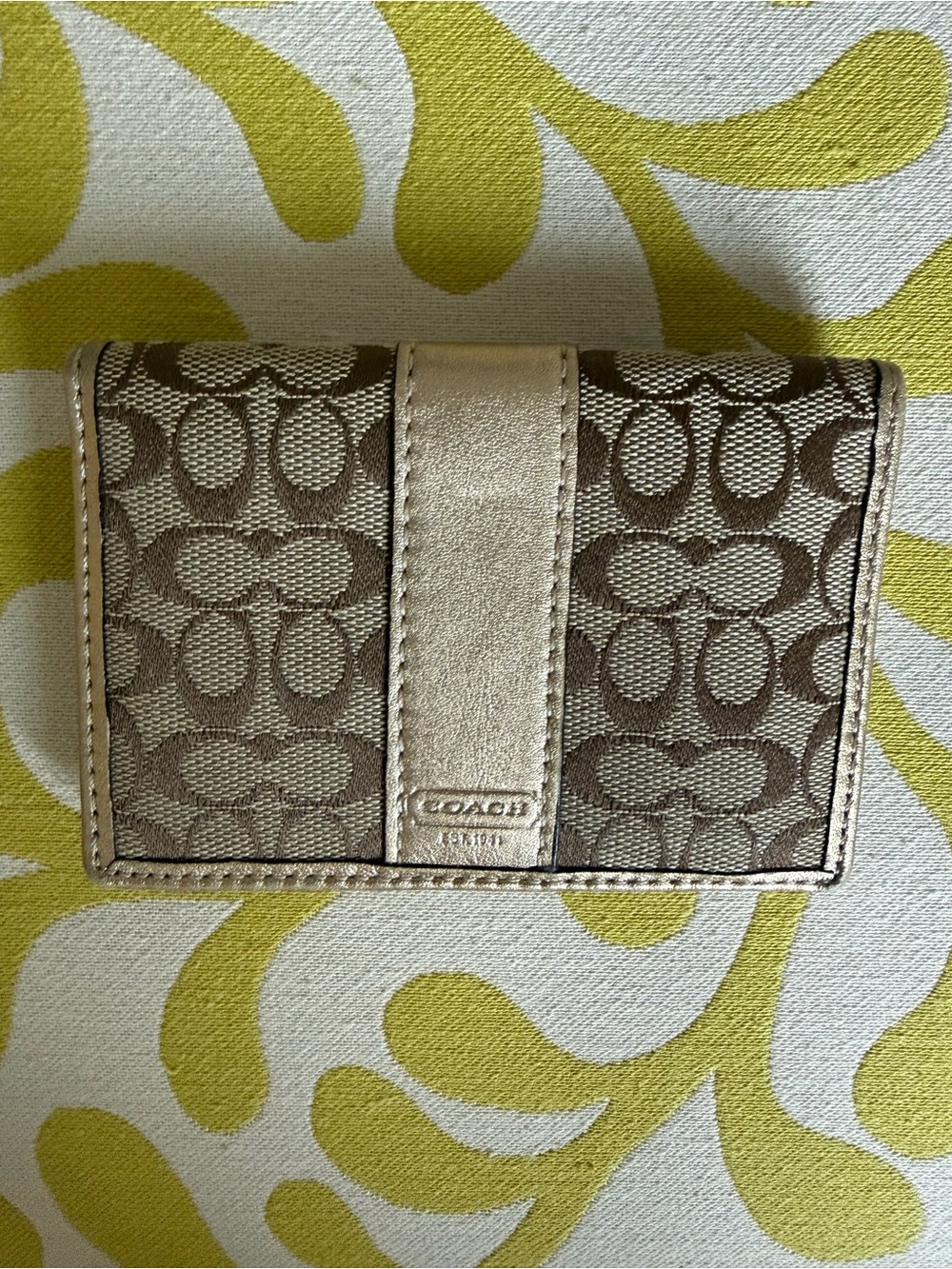 Coach Signature Jacquard Trifold Wallet in Khaki and Gold